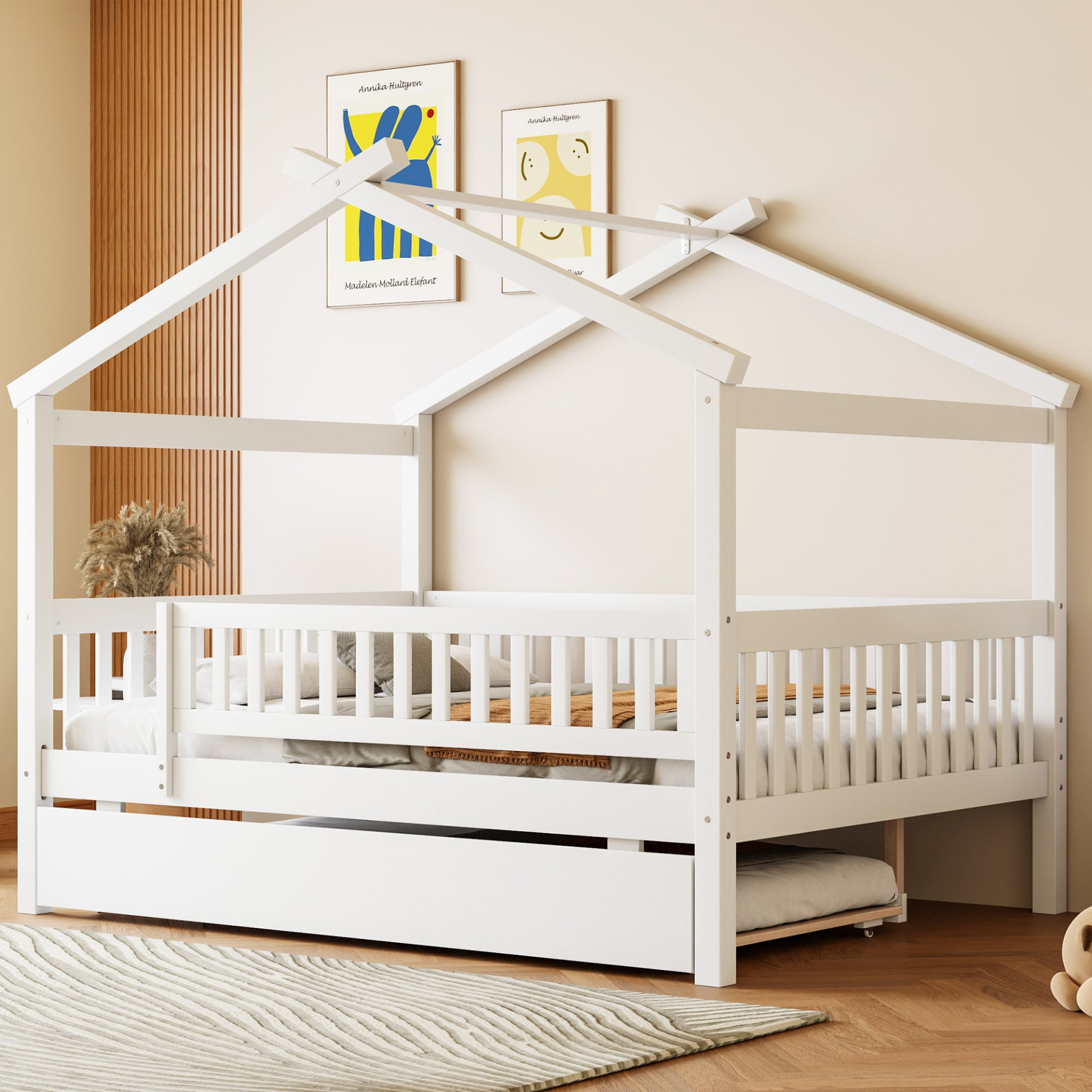 Wooden house-style bed frame with pull-out trundle drawer and slatted support by Start2Finish, showcasing the cozy, rustic design.