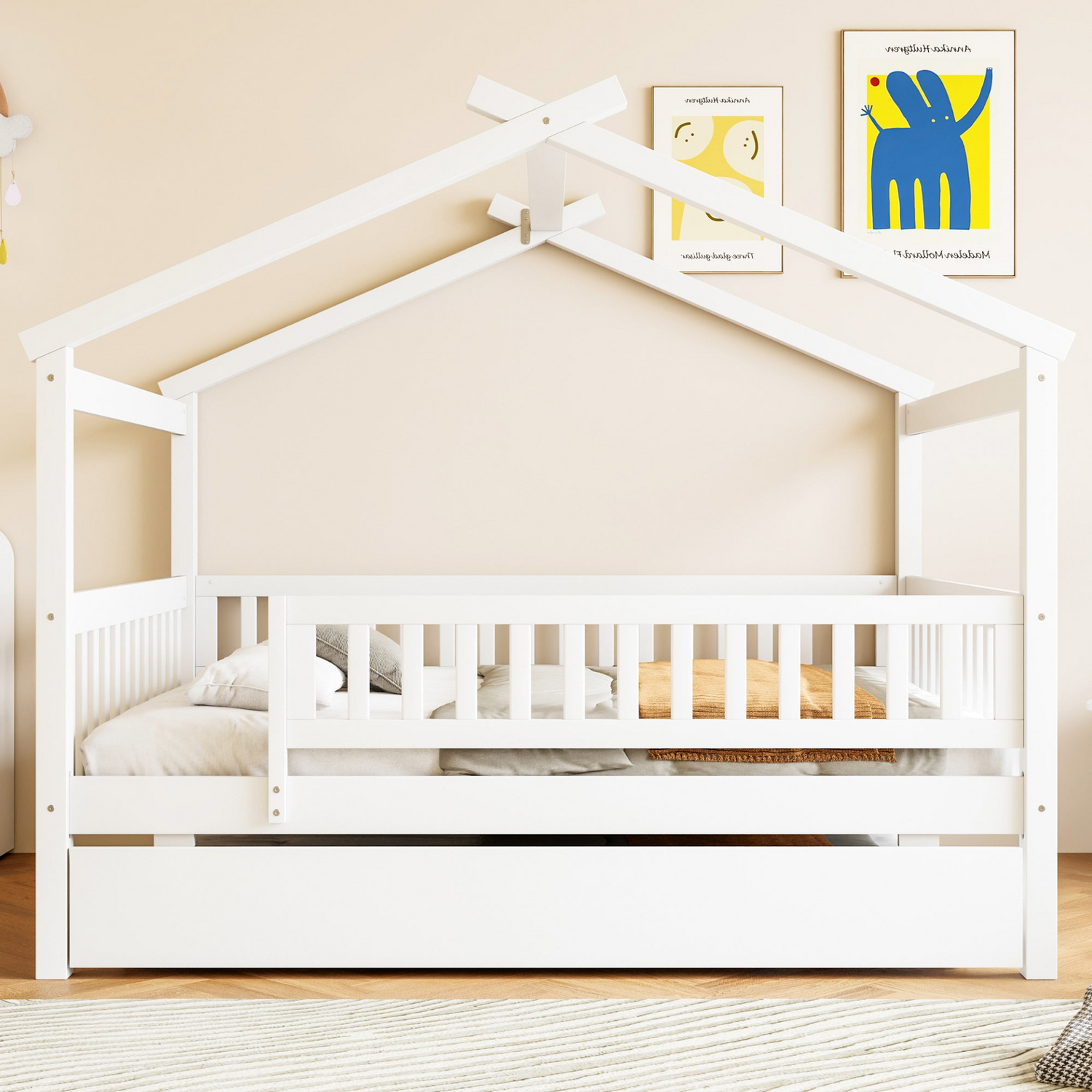 Wooden house-style bed frame with pull-out trundle drawer and slatted support by Start2Finish, showcasing the bed and storage features.