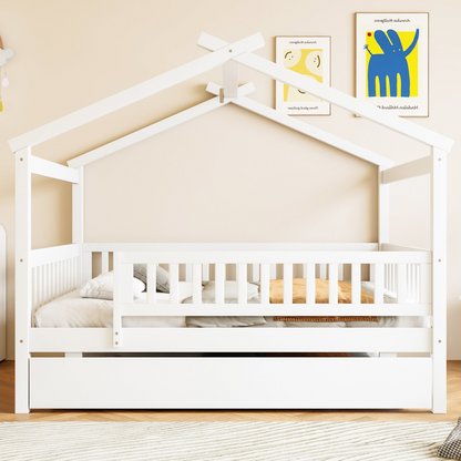 Wooden house-style bed frame with pull-out trundle drawer and slatted support by Start2Finish, showcasing the bed and storage features.