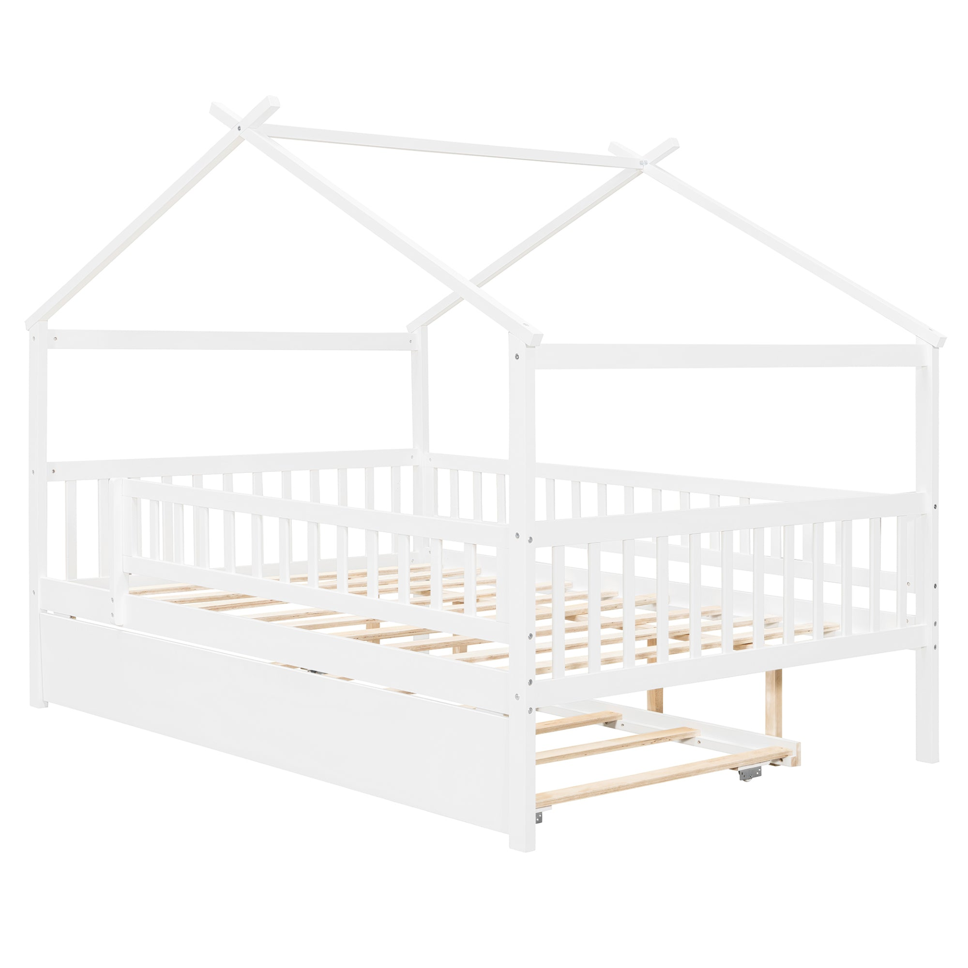 Wooden house-style bed frame with pull-out trundle drawer and slatted support, by Start2Finish, featuring a cozy, rustic design