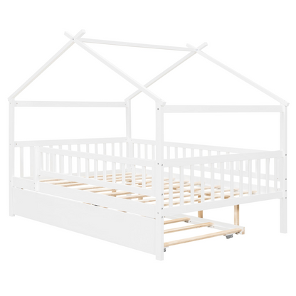Wooden house-style bed frame with pull-out trundle drawer and slatted support, by Start2Finish, featuring a cozy, rustic design
