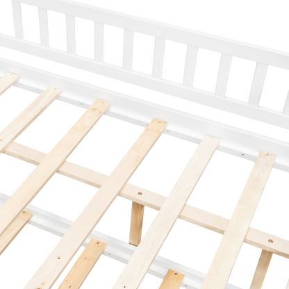 Start2Finish wooden house-style bed frame with pull-out trundle drawer and slatted support for a cozy bedroom look.