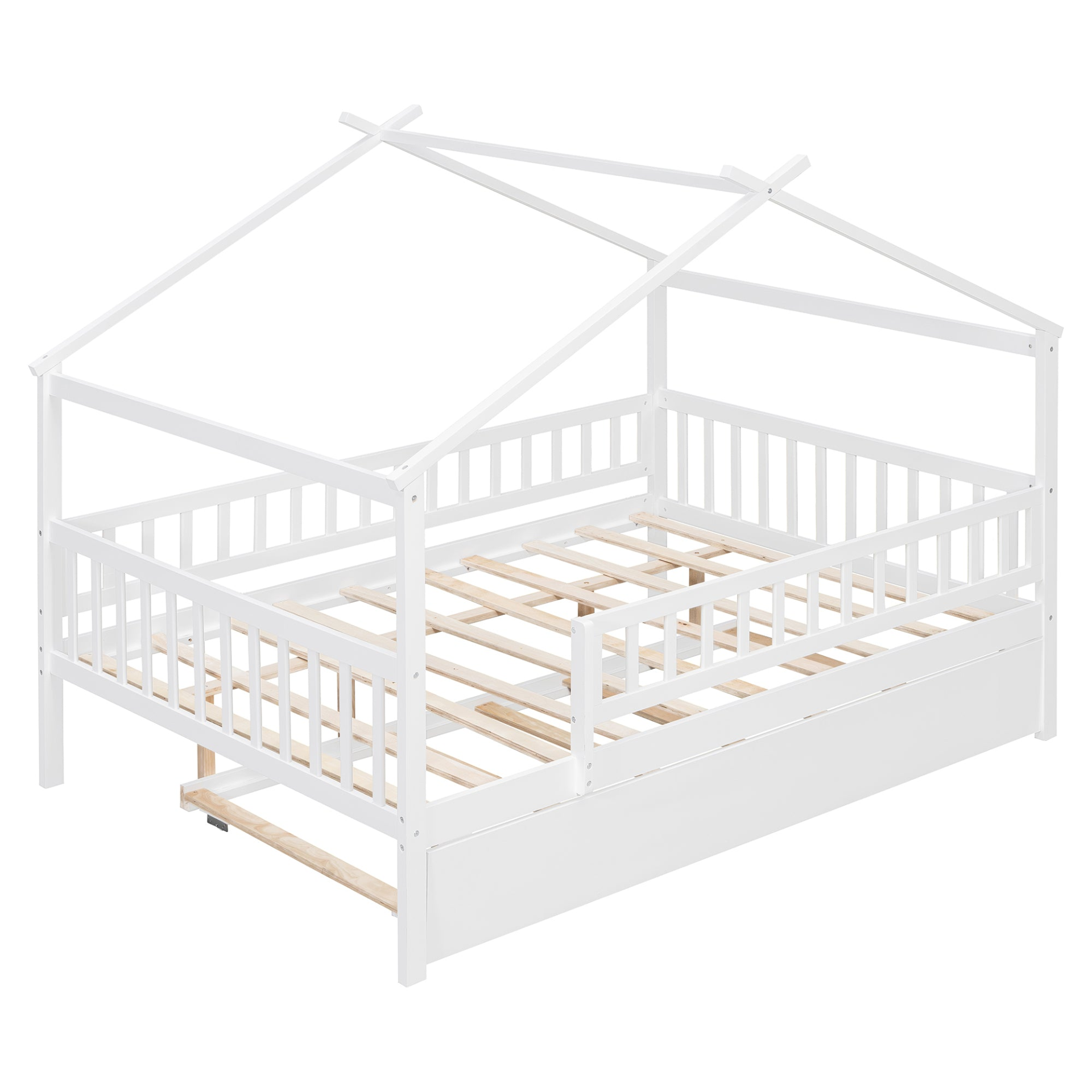 Wooden house-style bed frame by Start2Finish with pull-out trundle drawer and slatted support for added sleeping space.