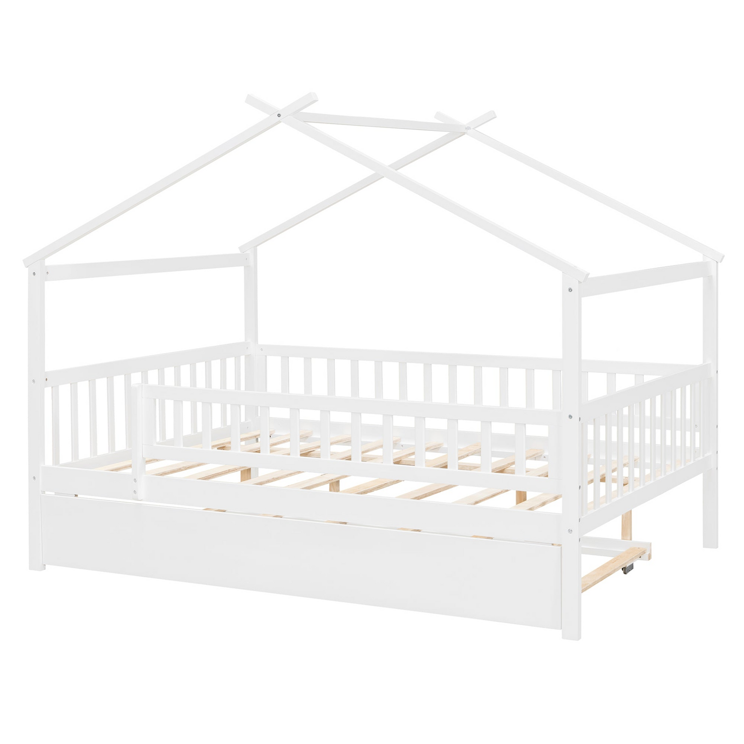 Wooden house-style bed frame with pull-out trundle drawer and slatted support, by Start2Finish, shown in a cozy bedroom setting.
