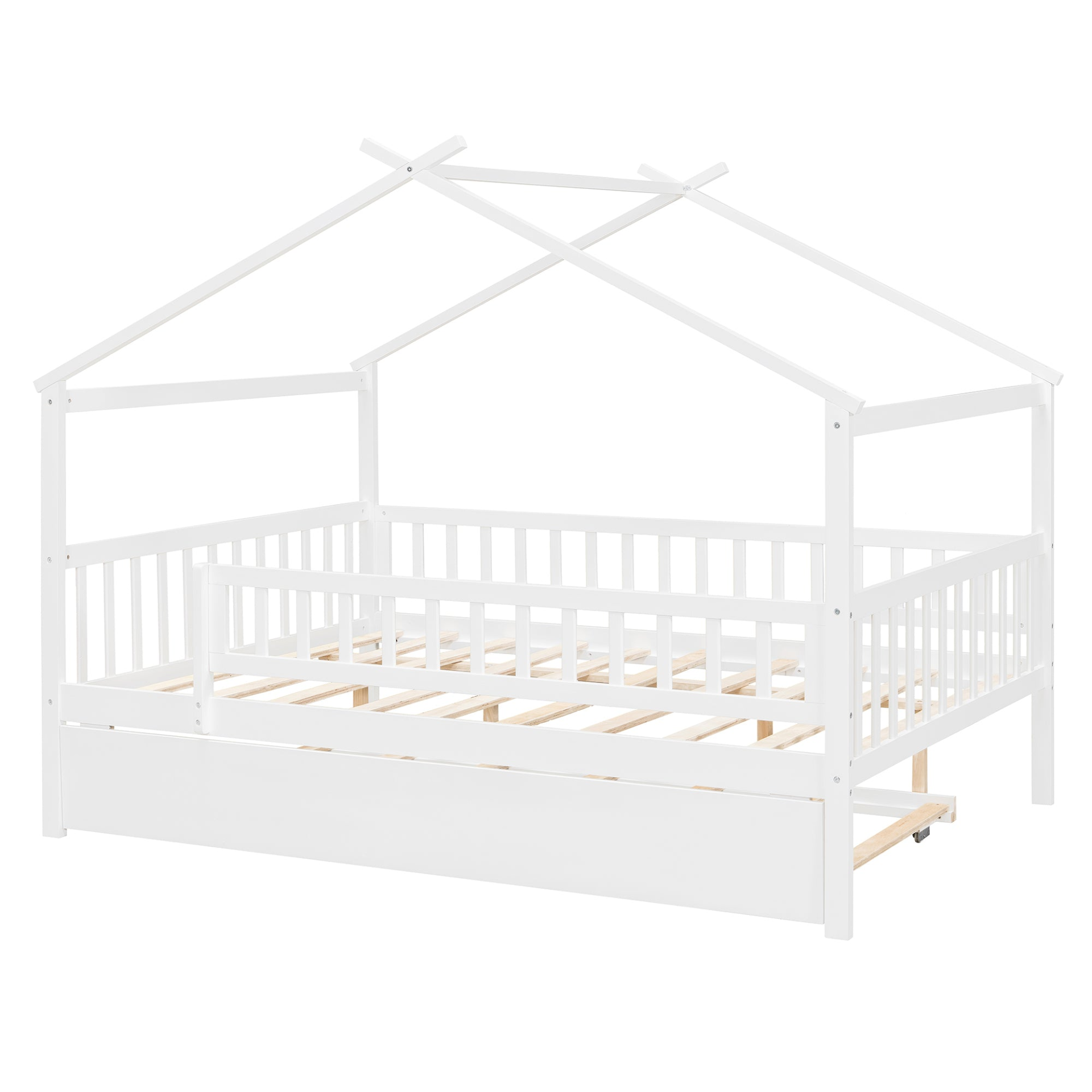 Wooden house-style bed frame with pull-out trundle drawer and slatted support, by Start2Finish, shown in a cozy bedroom setting.