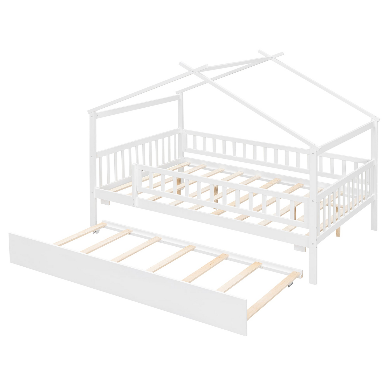 Wooden house-style bed frame with pull-out trundle drawer and slatted support by Start2Finish, showing the bed and storage features.