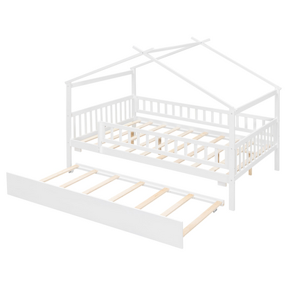 Wooden house-style bed frame with pull-out trundle drawer and slatted support by Start2Finish, showing the bed and storage features.