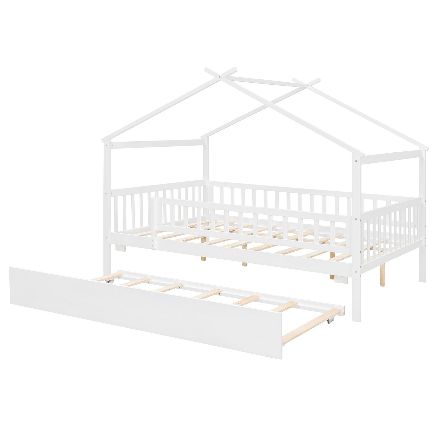 Start2Finish wooden house-style bed frame with pull-out trundle drawer and slatted support, showcasing a cozy, rustic design.