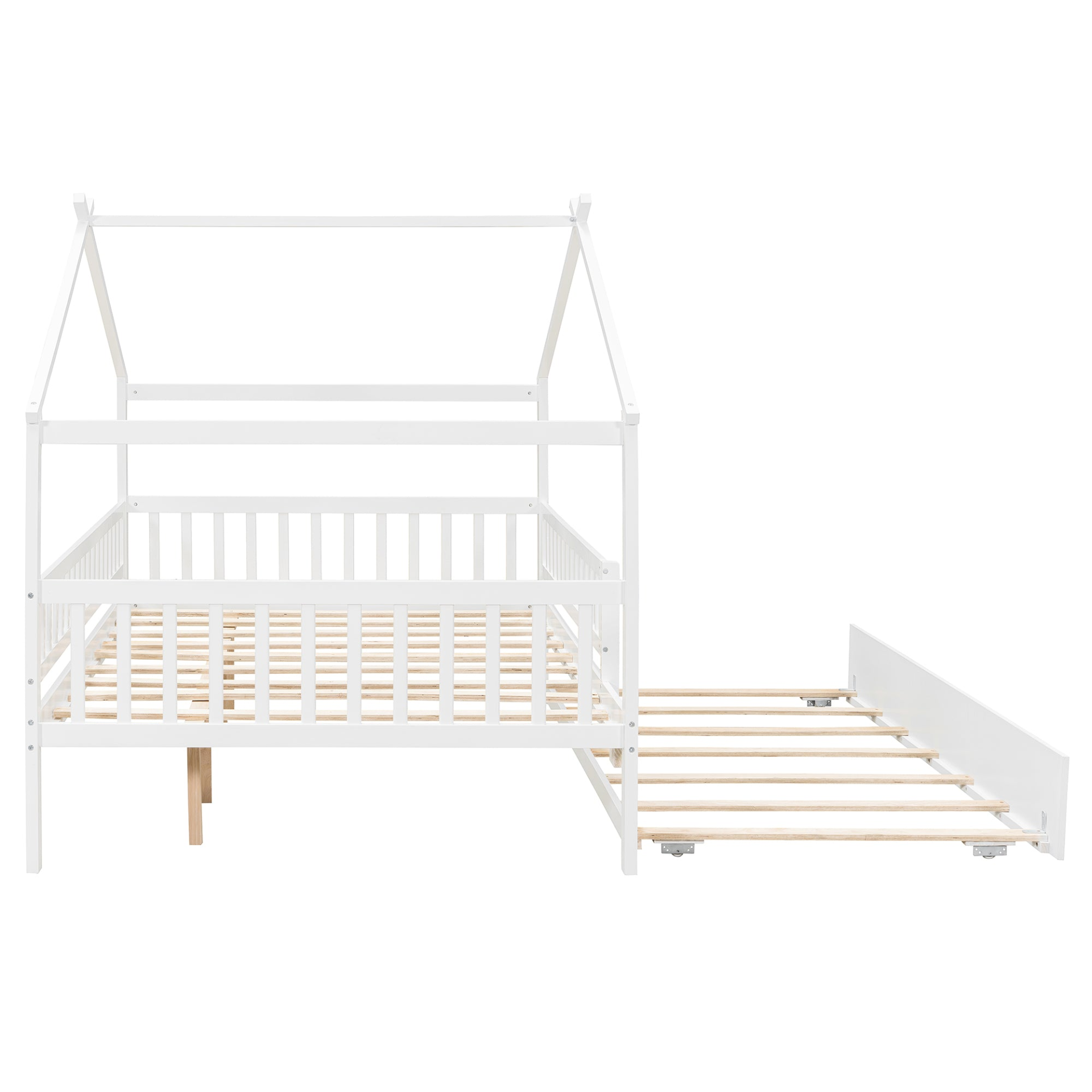 Wooden house-style bed frame with pull-out trundle drawer and slatted support by Start2Finish, shown with bedding and pillows.