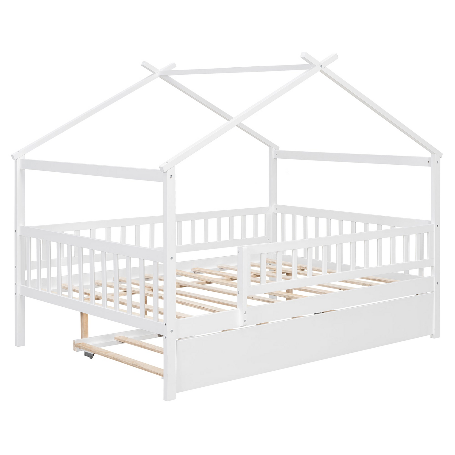 Start2Finish wooden house-style bed frame with pull-out trundle drawer and slatted support, showcasing a cozy, rustic design.