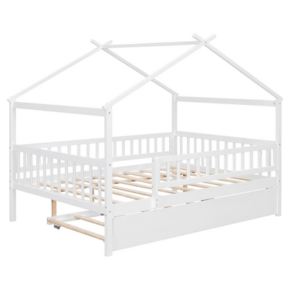 Start2Finish wooden house-style bed frame with pull-out trundle drawer and slatted support, showcasing a cozy, rustic design.