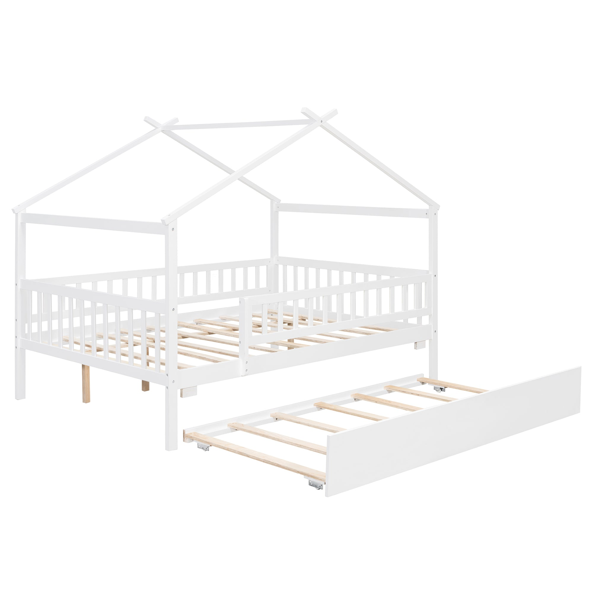 Wooden house-style bed frame with pull-out trundle drawer and slatted support, by Start2Finish, shown with mattress and bedding.