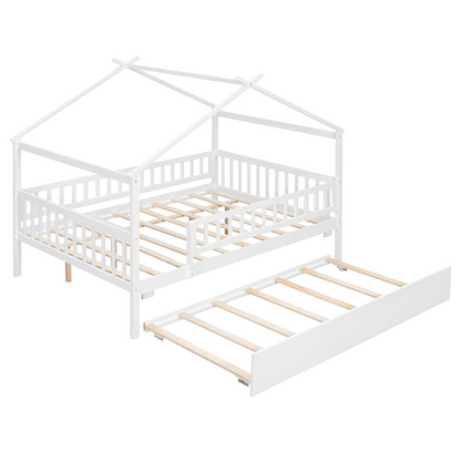 Wooden house-style bed frame with pull-out trundle drawer and slatted support, by Start2Finish, shown with mattress and bedding.