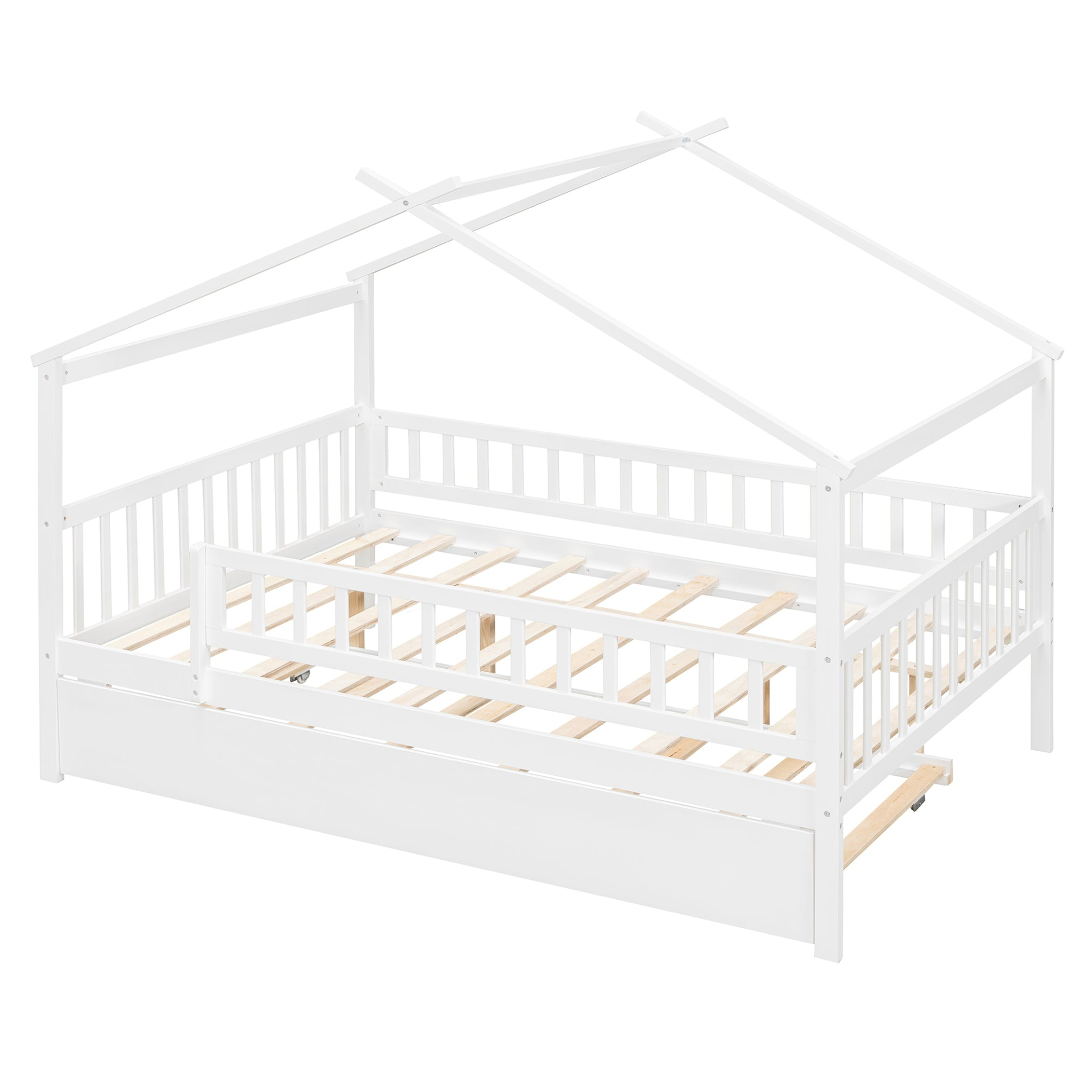 Wooden house-style bed frame with pull-out trundle drawer and slatted support, by Start2Finish, shown with bedding and pillows.