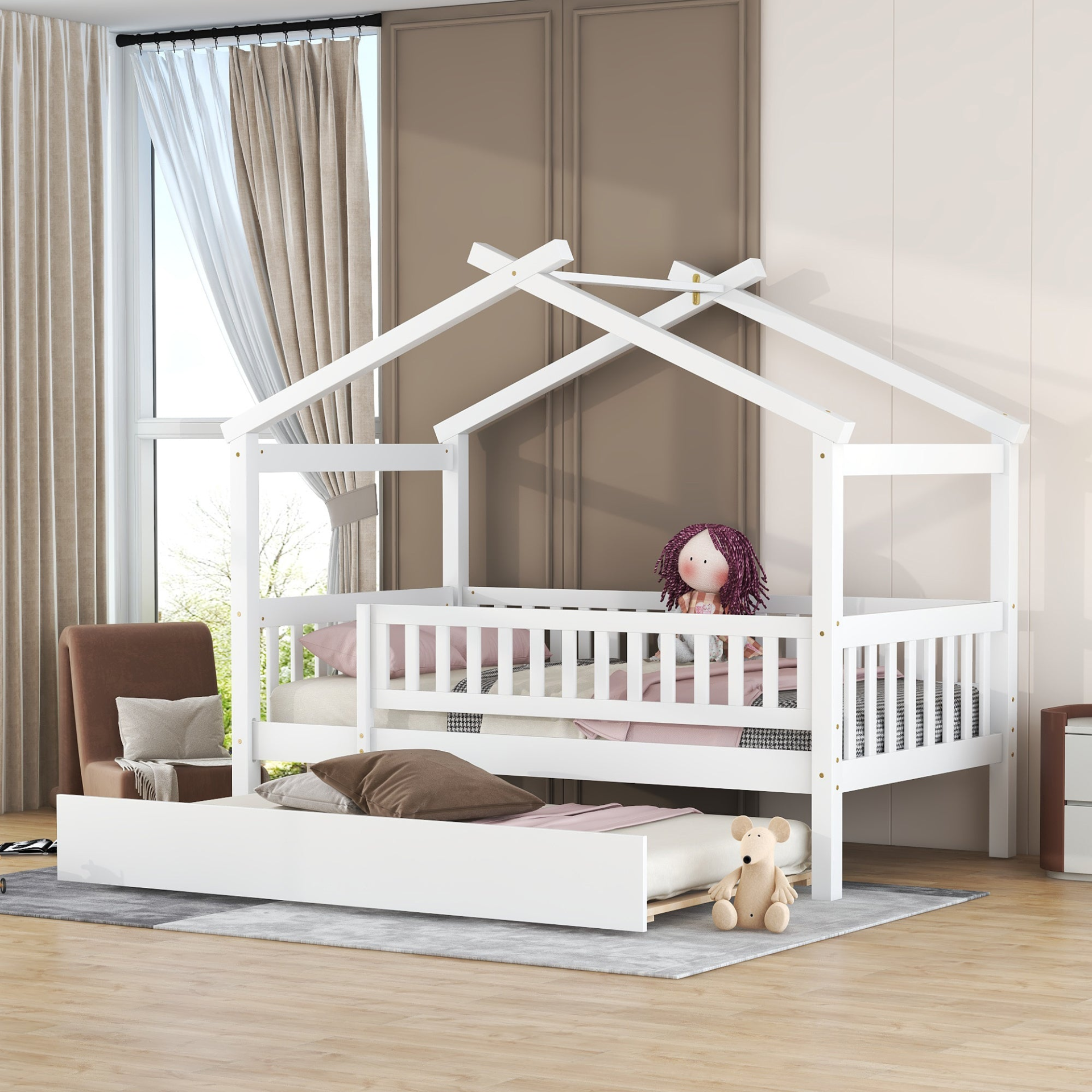 Twin size wooden house bed with trundle, solid wood frame, platform design, ideal for children’s bedroom furniture by Start2Finish