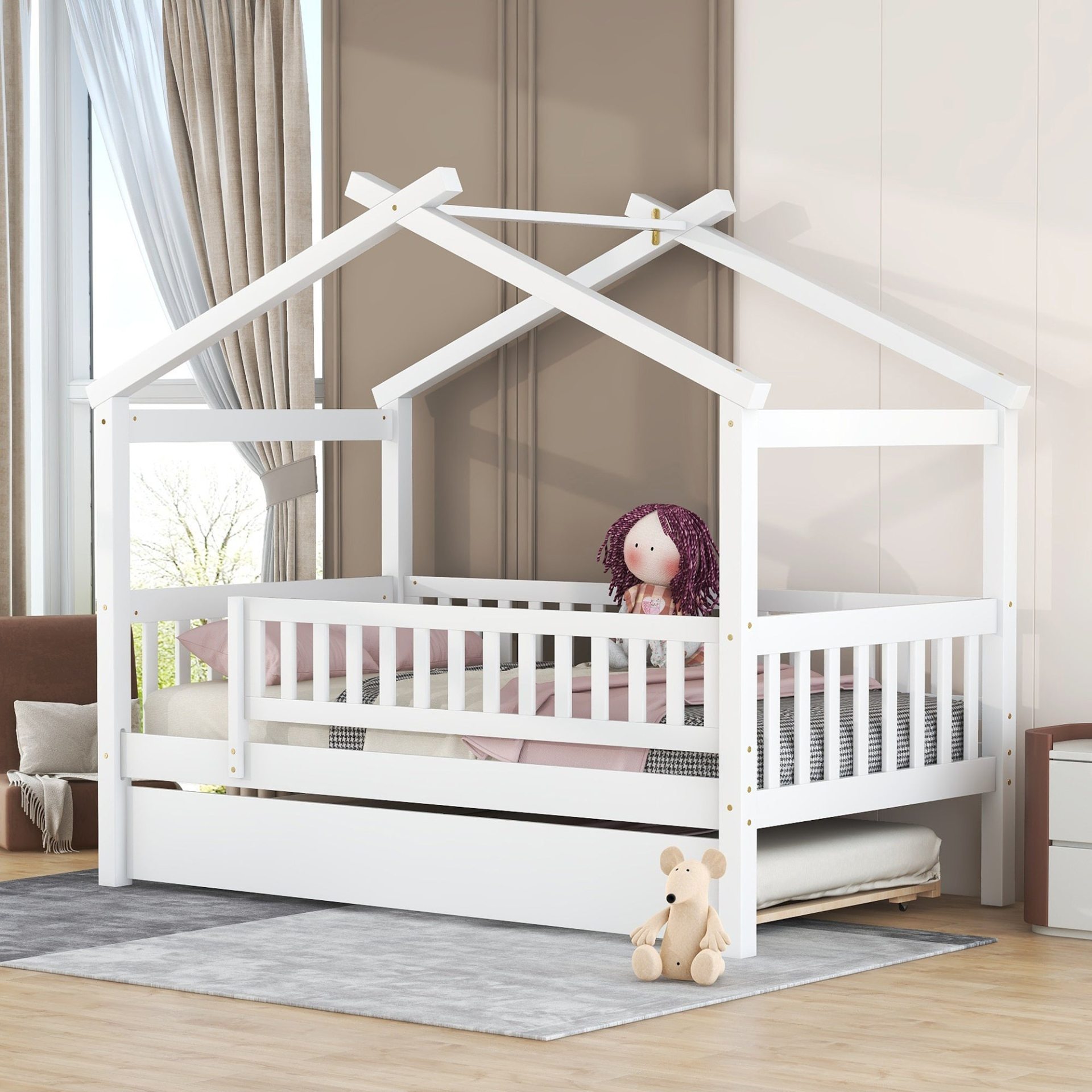 Twin size wooden house bed with trundle, solid wood frame, platform design, featuring a cozy house-shaped headboard and storage space.