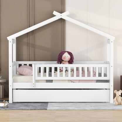 Twin size wooden house bed with twin trundle and solid wood frame, modern platform furniture in natural finish
