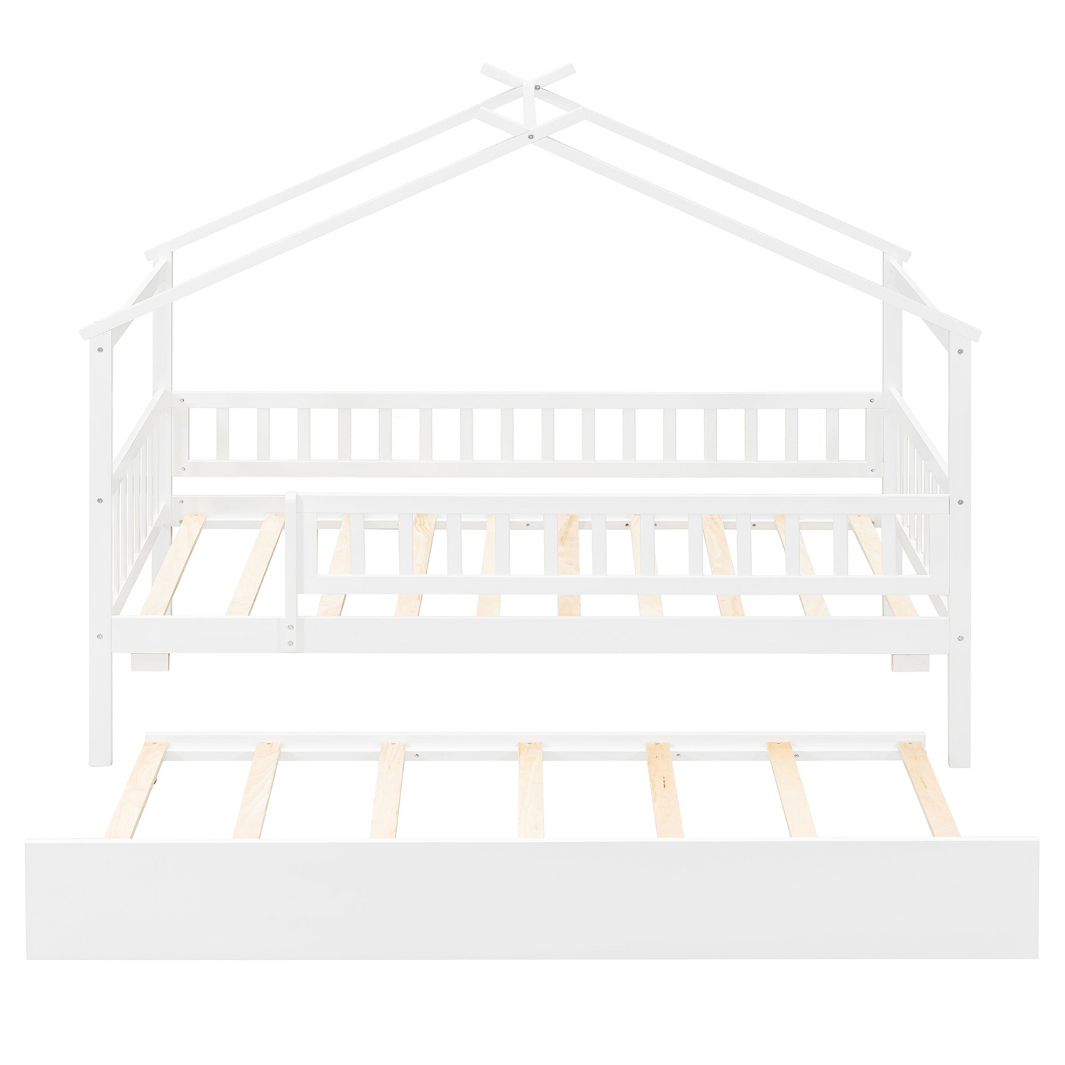Twin size wooden house bed with trundle, solid wood frame, platform design, ideal for children&