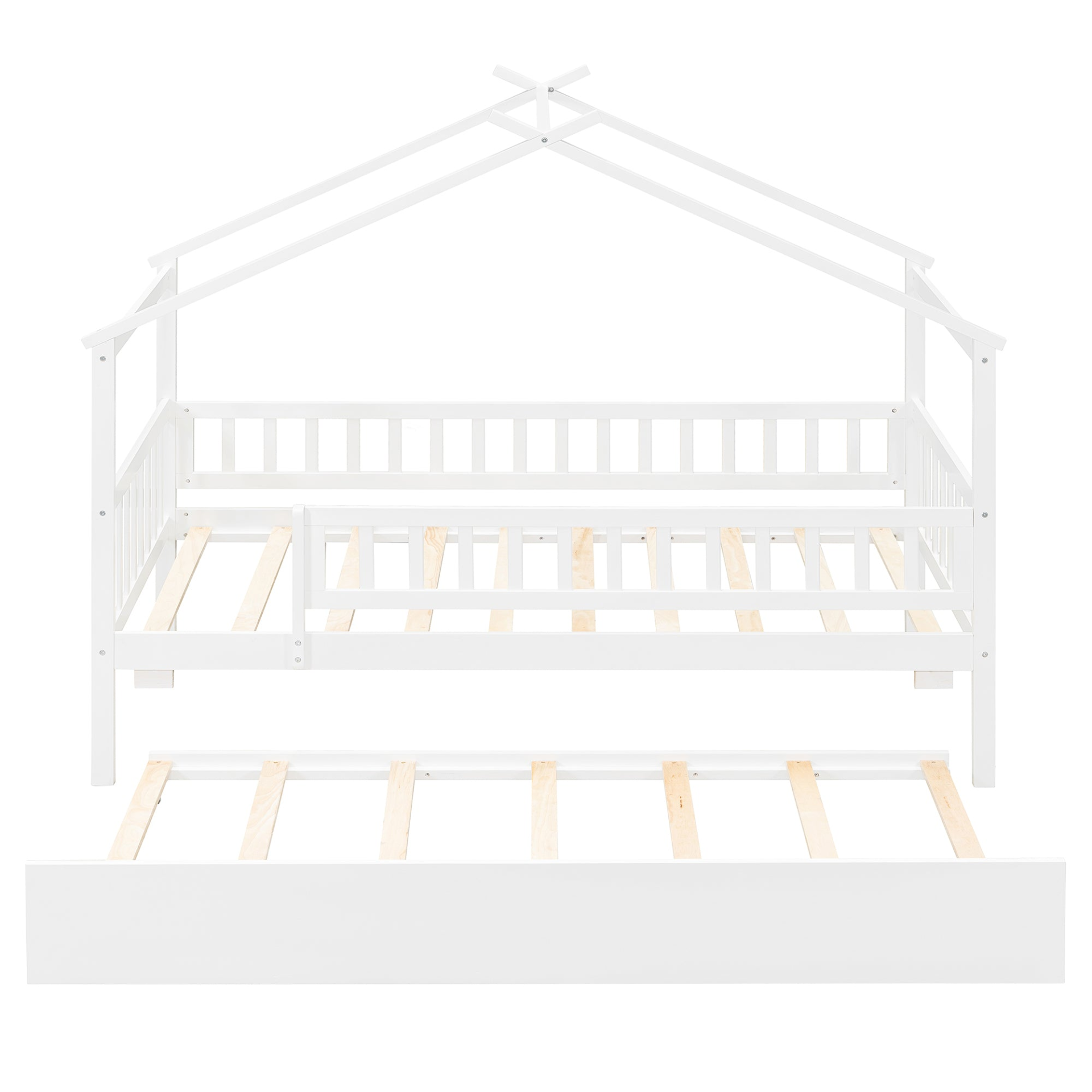 Twin size wooden house bed with trundle, solid wood frame, platform design, ideal for children&