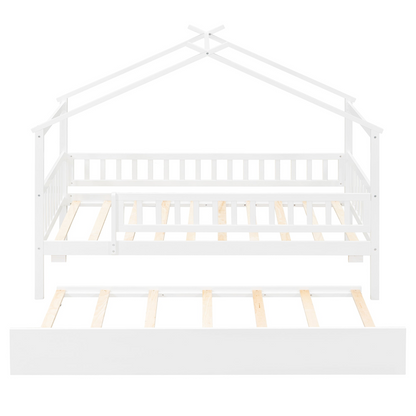 Twin size wooden house bed with trundle, solid wood frame, platform design, ideal for children&
