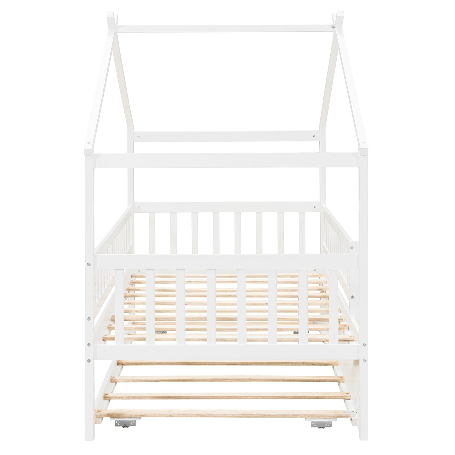 Twin size wooden house bed with trundle, solid wood frame and platform design, in a cozy bedroom setting.