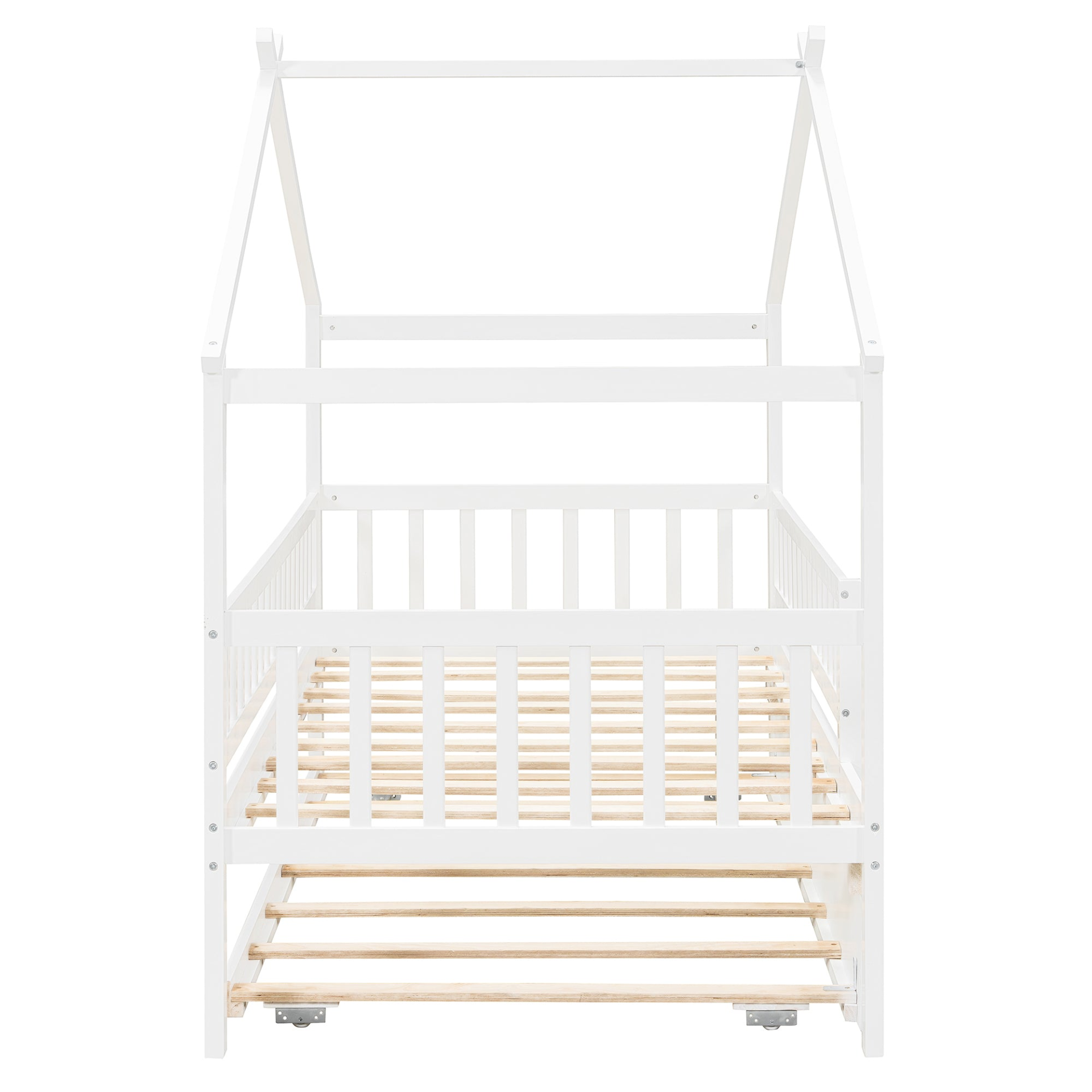 Twin size wooden house bed with trundle, solid wood frame and platform design, in a cozy bedroom setting.