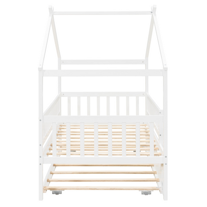Twin size wooden house bed with trundle, solid wood frame and platform design, in a cozy bedroom setting.