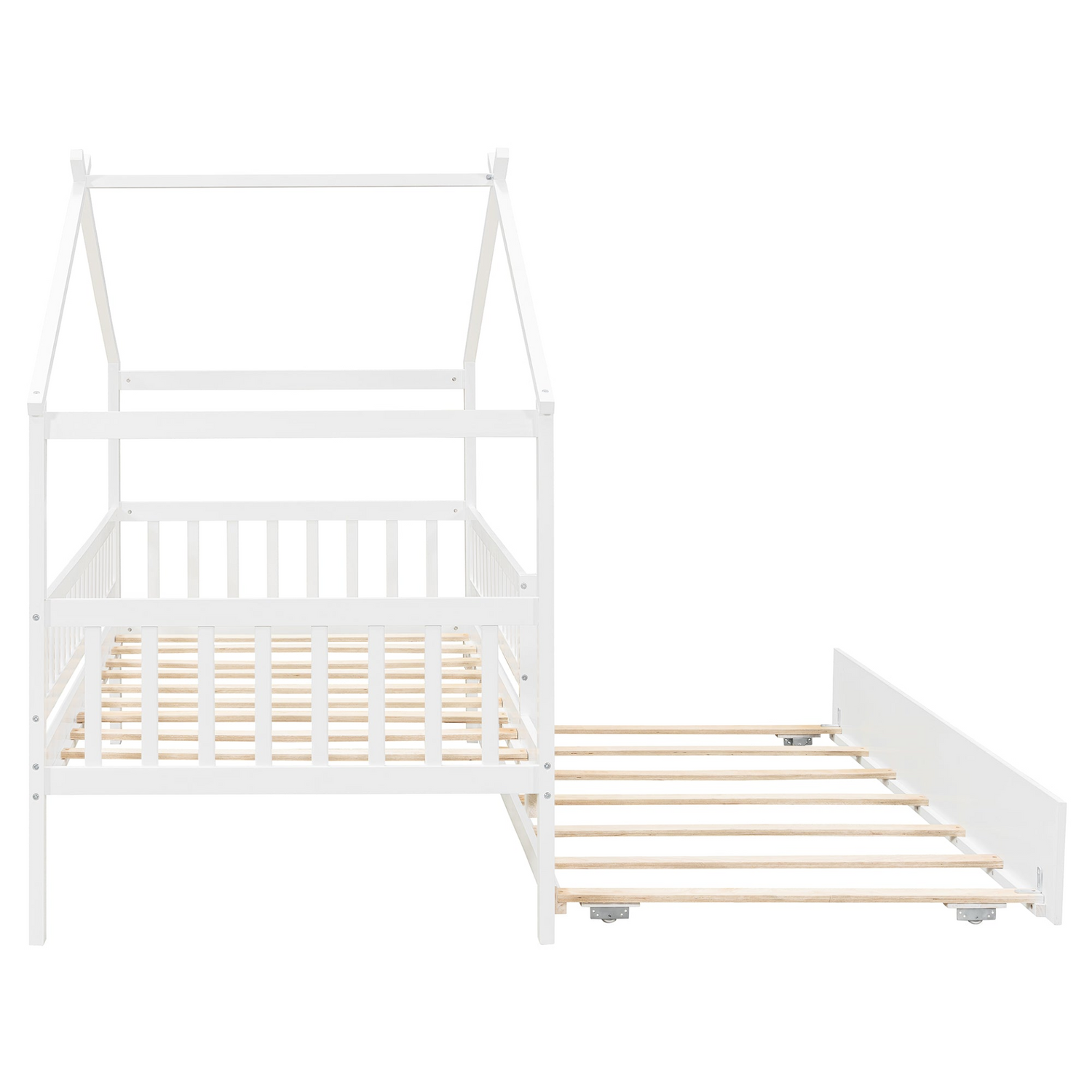 Twin size wooden house bed with trundle, solid wood frame, platform design, perfect for children&