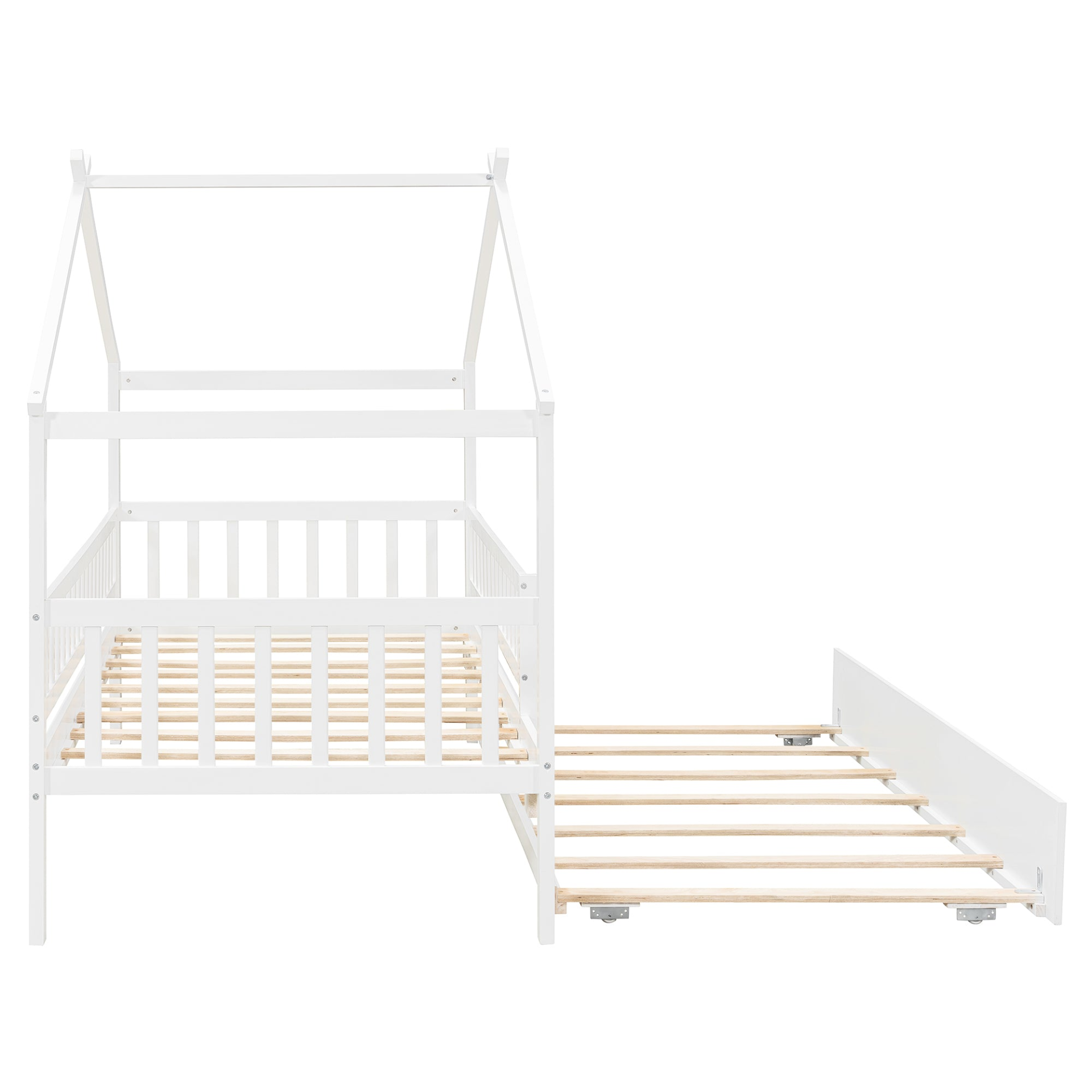 Twin size wooden house bed with trundle, solid wood frame, platform design, perfect for children&