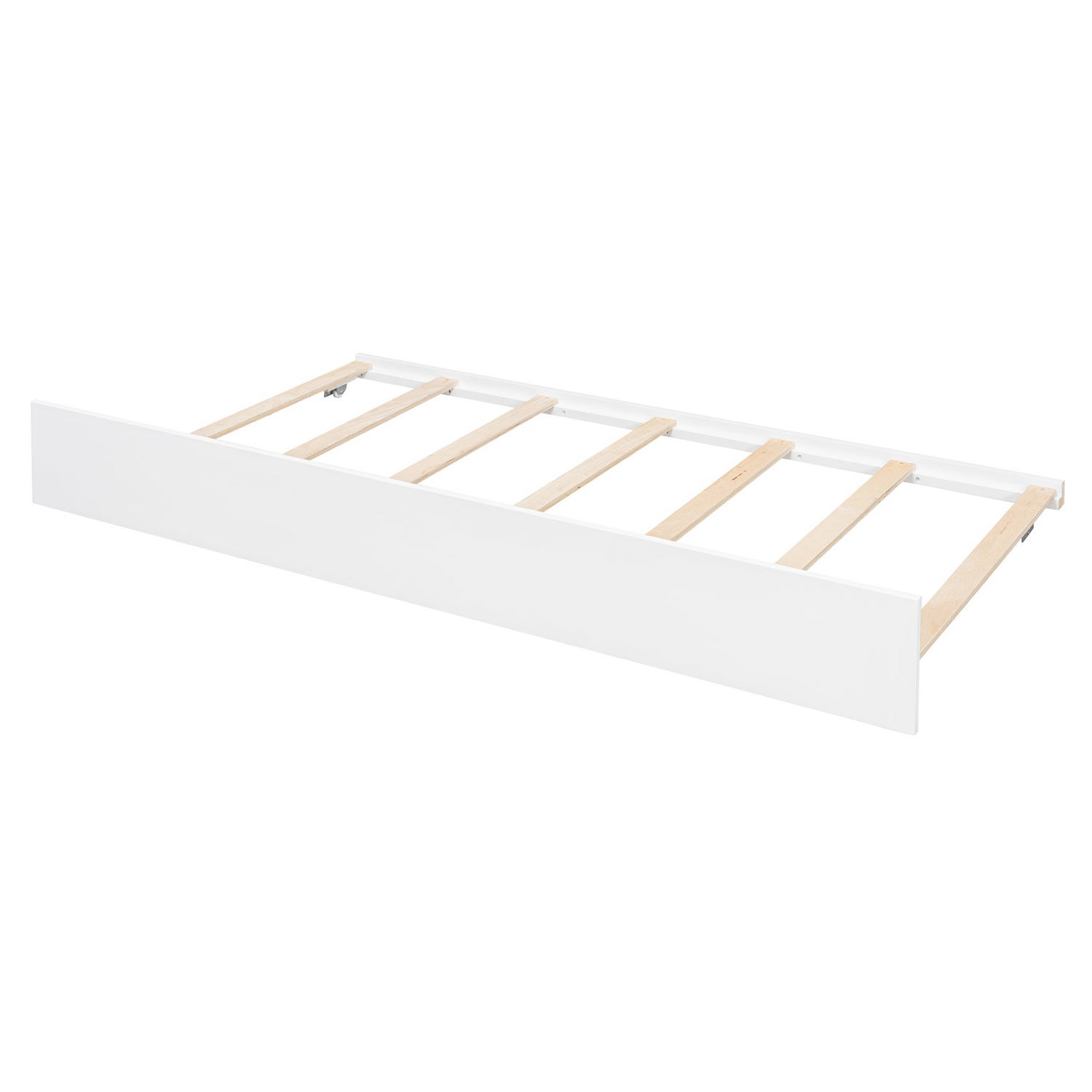 Twin size wooden house bed with trundle and solid wood frame, platform design, in a modern furniture setting