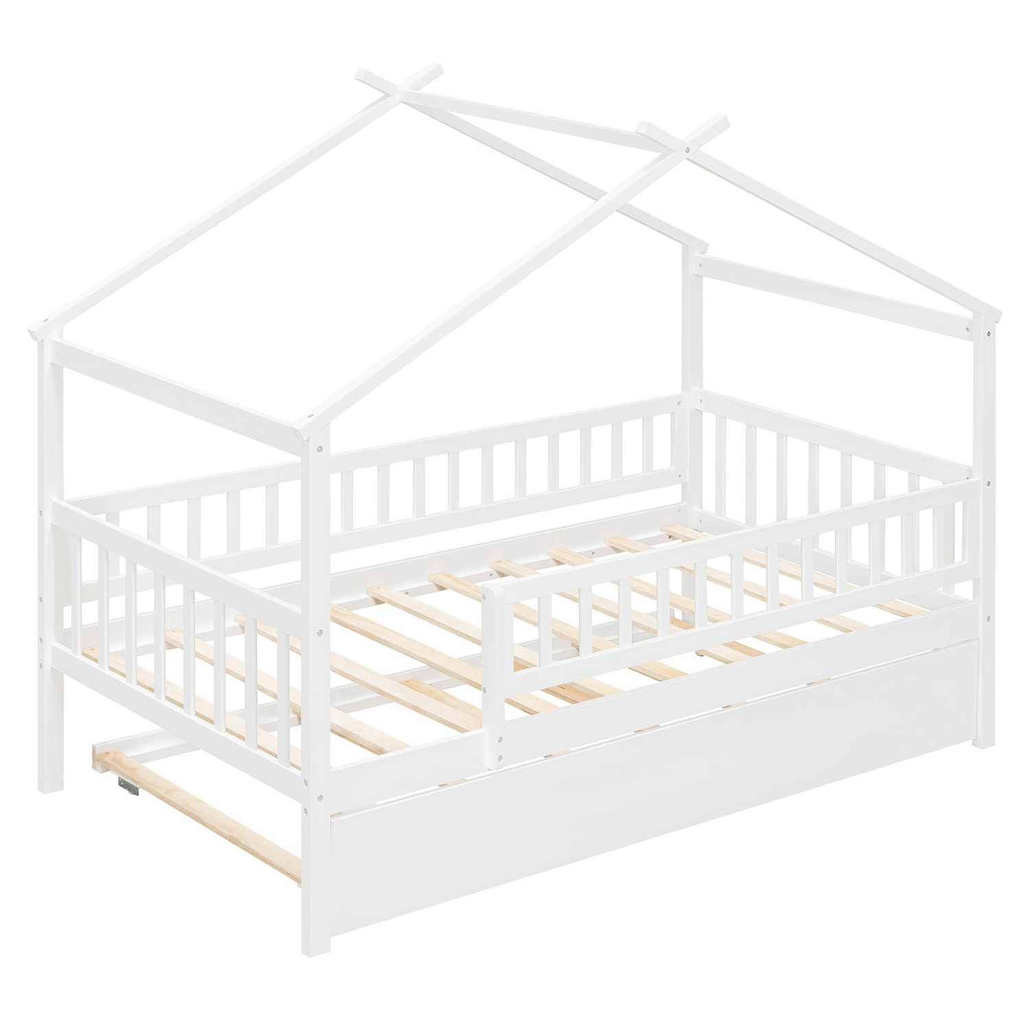 Twin size wooden house bed with trundle, solid wood frame, platform design, suitable for children&