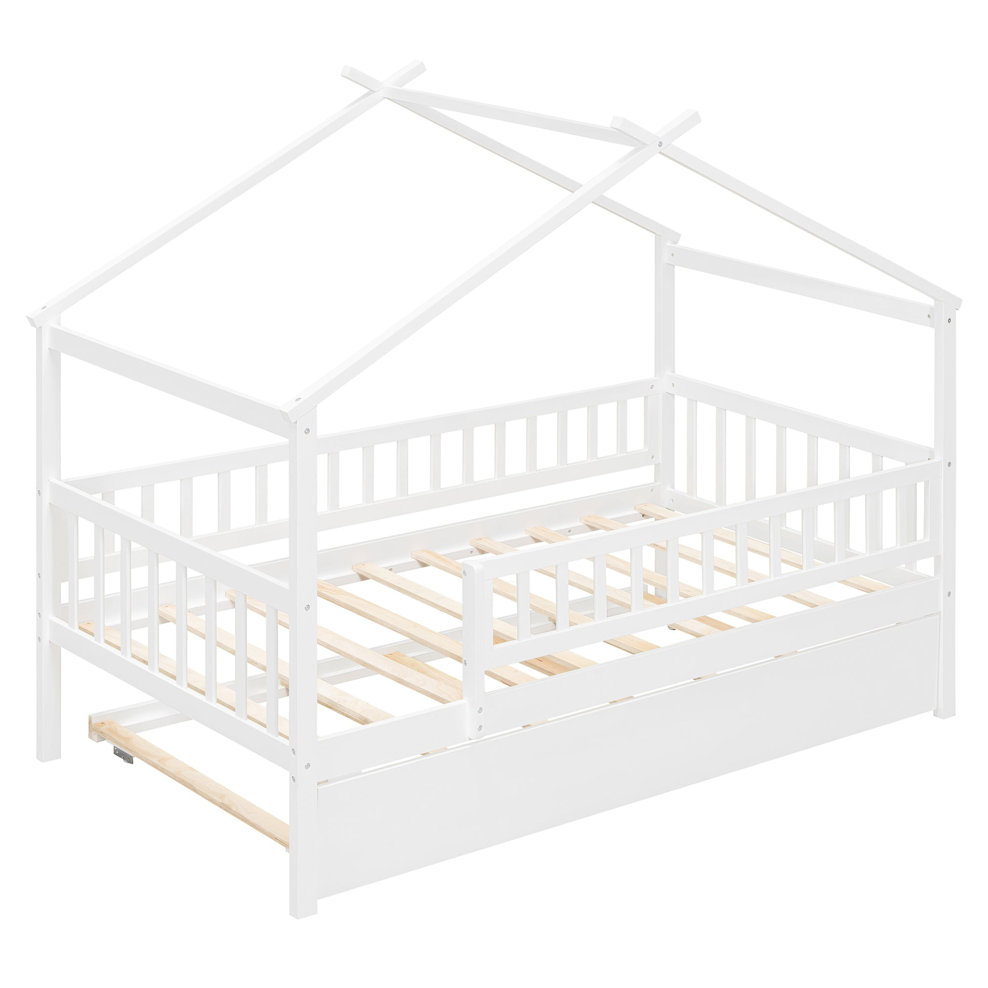 Twin size wooden house bed with trundle, solid wood frame, platform design, suitable for children&