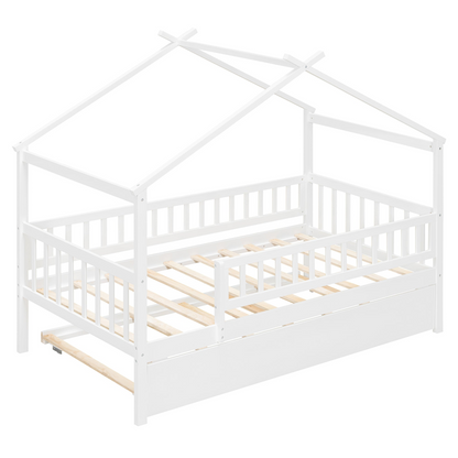 Twin size wooden house bed with trundle, solid wood frame, platform design, suitable for children&