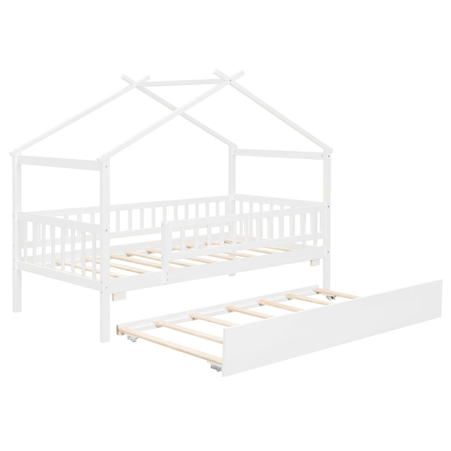 Twin size wooden house bed with trundle, solid wood frame, platform design, featuring a cozy house-shaped headboard and built-in storage.