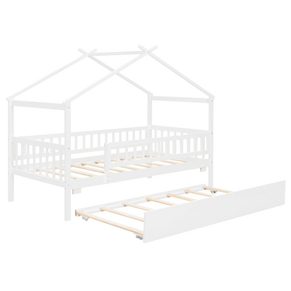 Twin size wooden house bed with trundle, solid wood frame, platform design, featuring a cozy house-shaped headboard and built-in storage.
