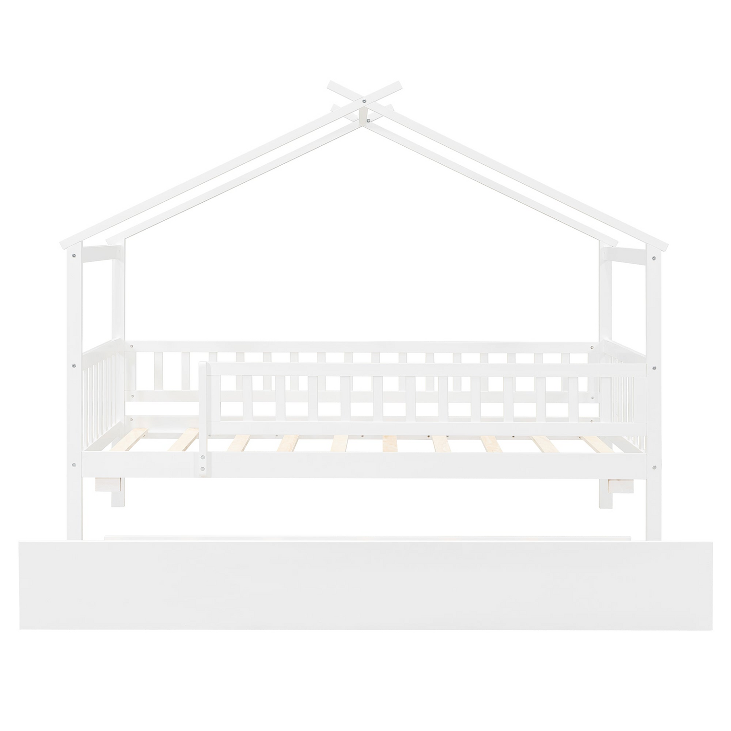 Twin size wooden house bed with trundle, solid wood frame, platform design, by Start2Finish, featuring a cozy house-shaped headboard.