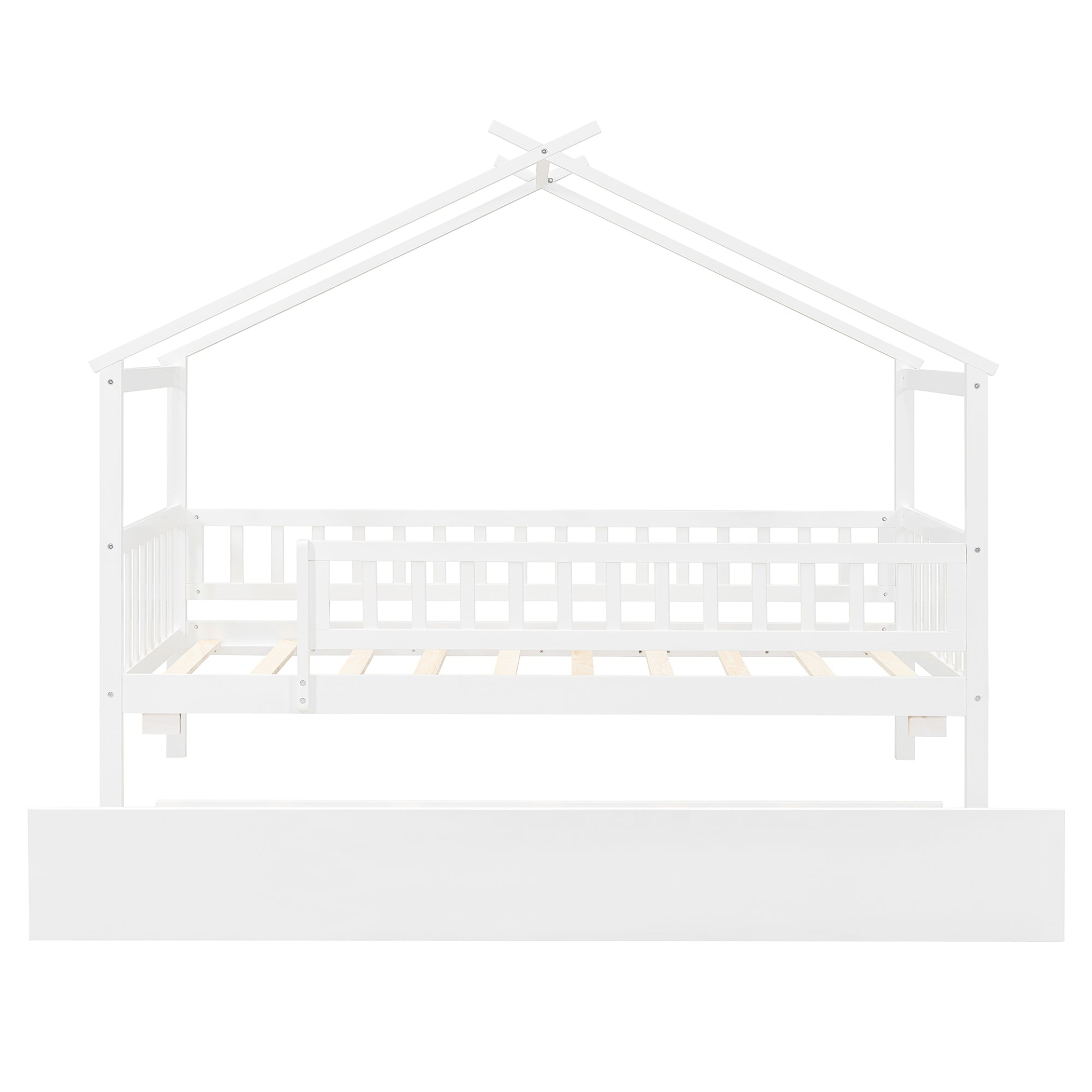 Twin size wooden house bed with trundle, solid wood frame, platform design, by Start2Finish, featuring a cozy house-shaped headboard.