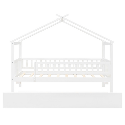 Twin size wooden house bed with trundle, solid wood frame, platform design, by Start2Finish, featuring a cozy house-shaped headboard.