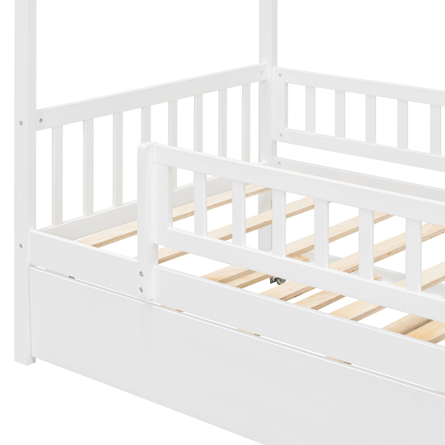 Twin size wooden house bed with trundle, solid wood frame, platform design, featuring a cozy house-shaped headboard and sturdy construction.