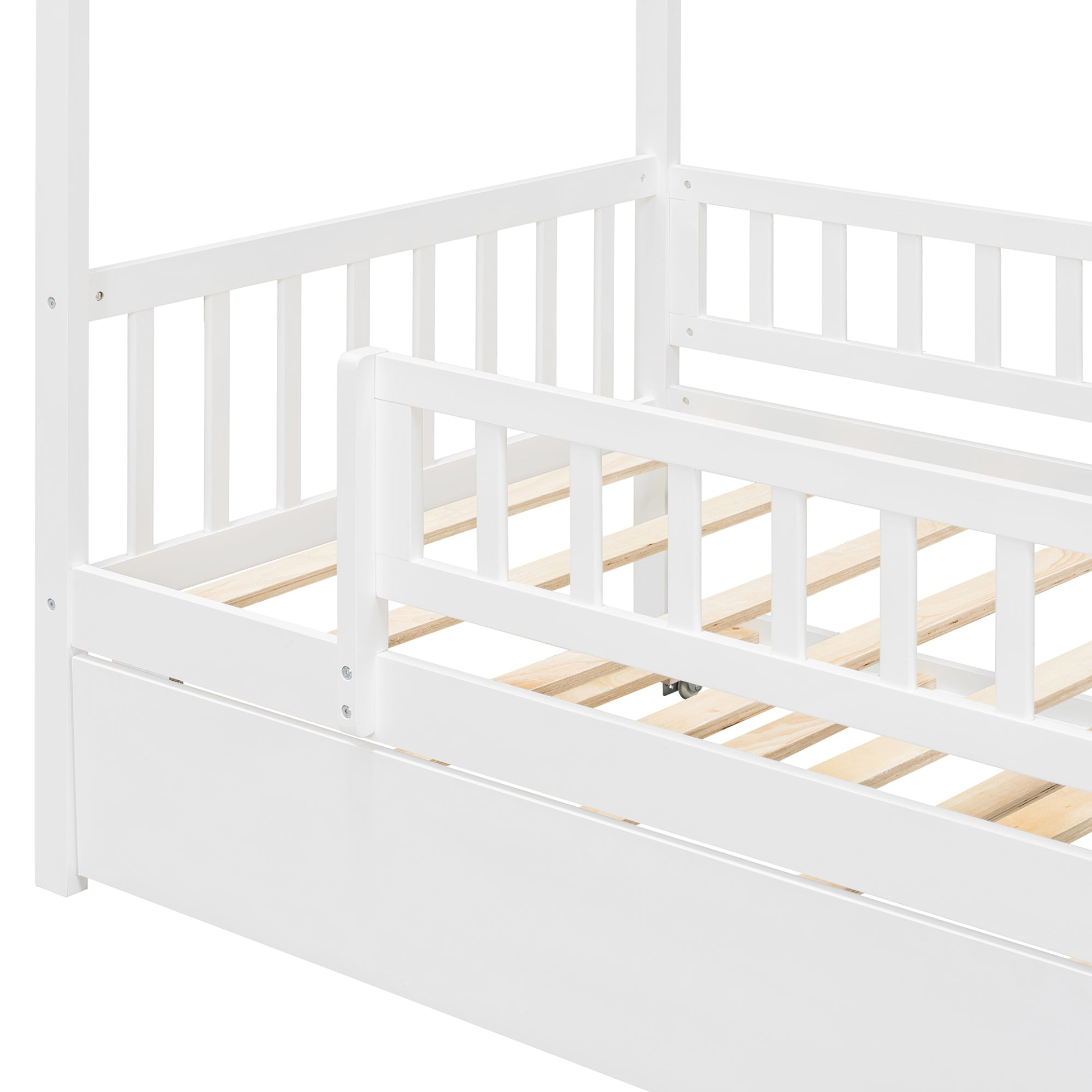Twin size wooden house bed with trundle, solid wood frame, platform design, featuring a cozy house-shaped headboard and sturdy construction.
