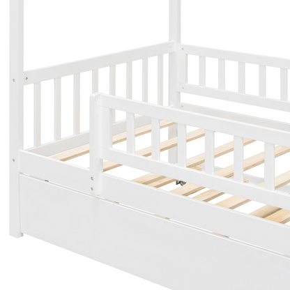 Twin size wooden house bed with trundle, solid wood frame, platform design, featuring a cozy house-shaped headboard and sturdy construction.