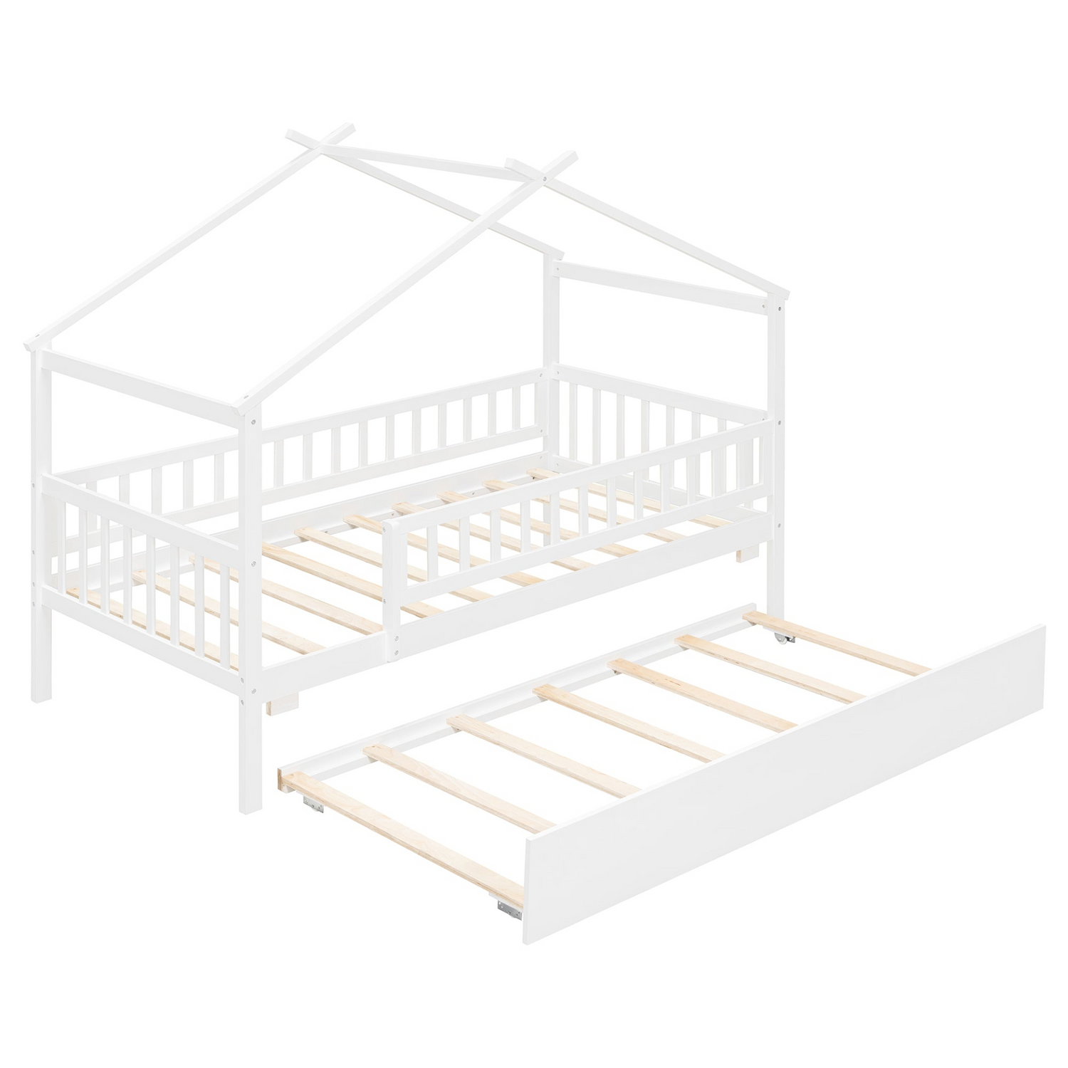 Twin size wooden house bed with trundle, solid wood frame, platform design, perfect for children&