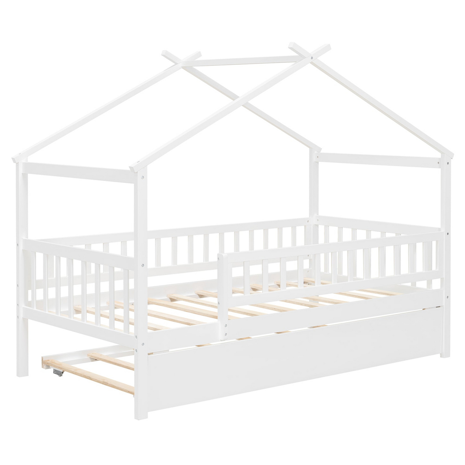 Twin size wooden house bed with trundle, solid wood frame, platform design, featuring house-shaped headboard and natural wood finish.