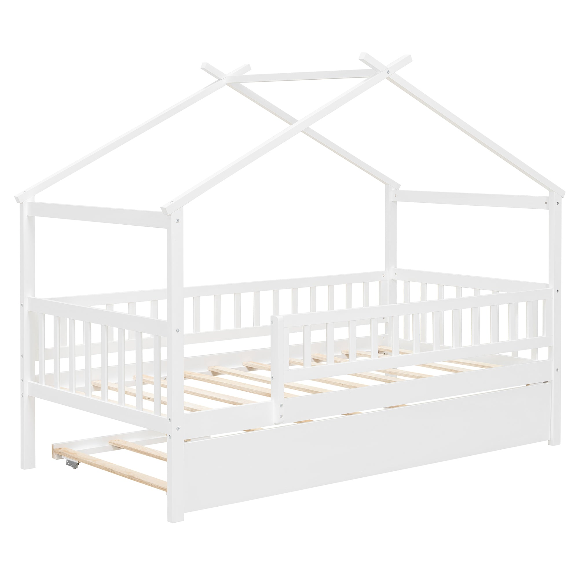 Twin size wooden house bed with trundle, solid wood frame, platform design, featuring house-shaped headboard and natural wood finish.