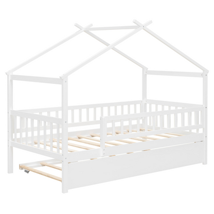 Twin size wooden house bed with trundle, solid wood frame, platform design, featuring house-shaped headboard and natural wood finish.