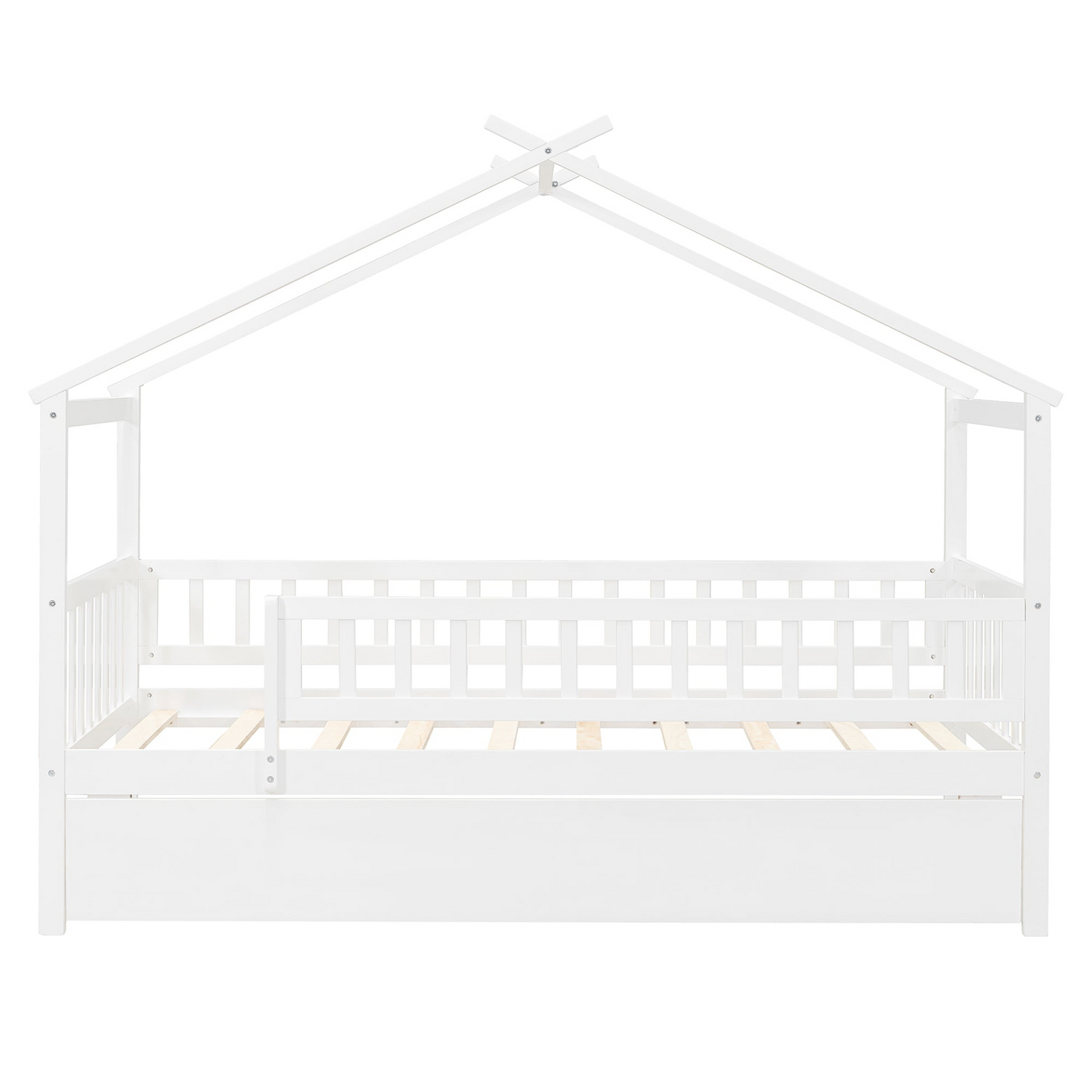 Twin size wooden house bed with trundle, solid wood frame, platform design, ideal for children&