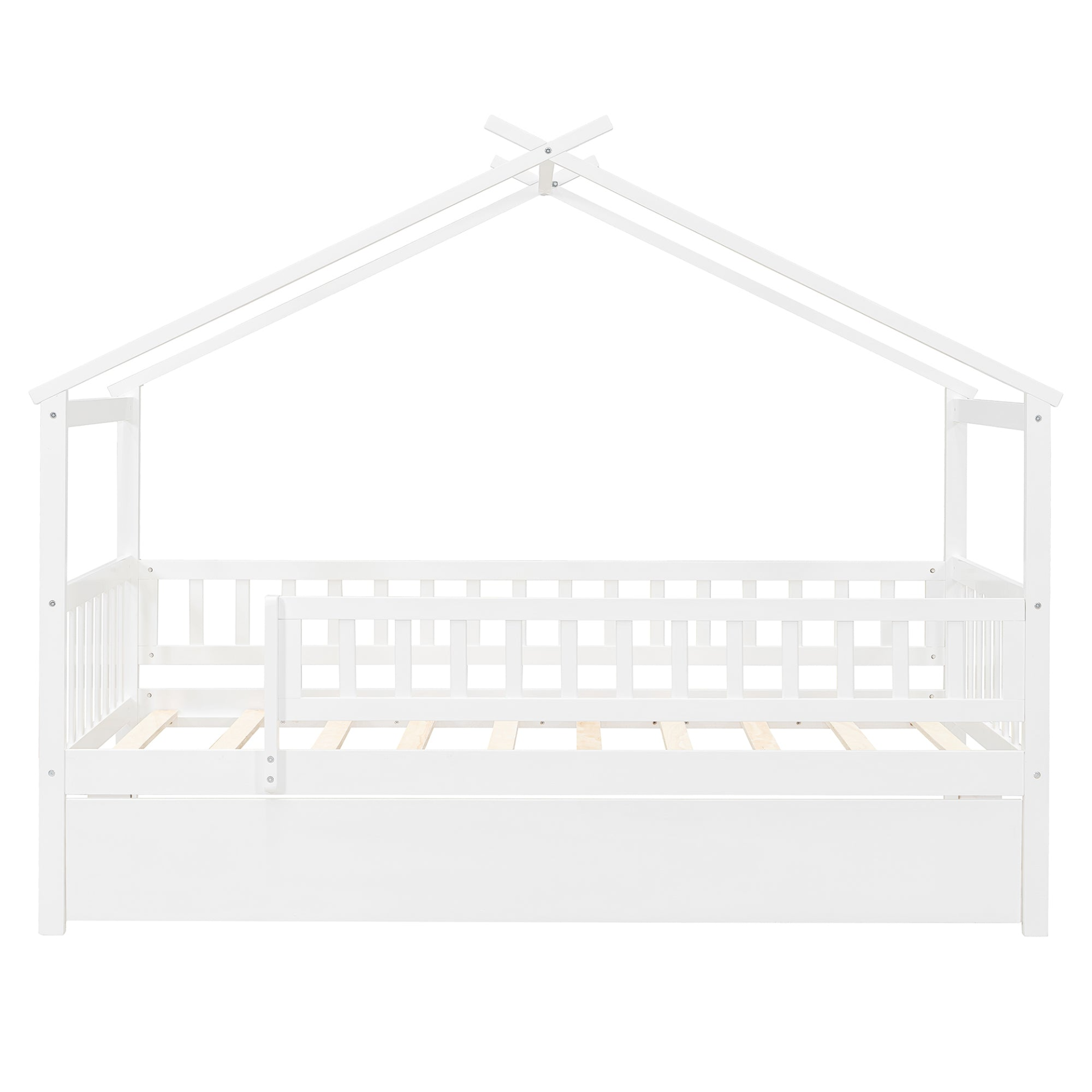 Twin size wooden house bed with trundle, solid wood frame, platform design, ideal for children&
