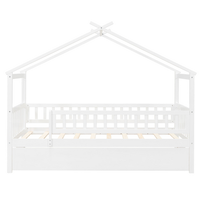 Twin size wooden house bed with trundle, solid wood frame, platform design, ideal for children&