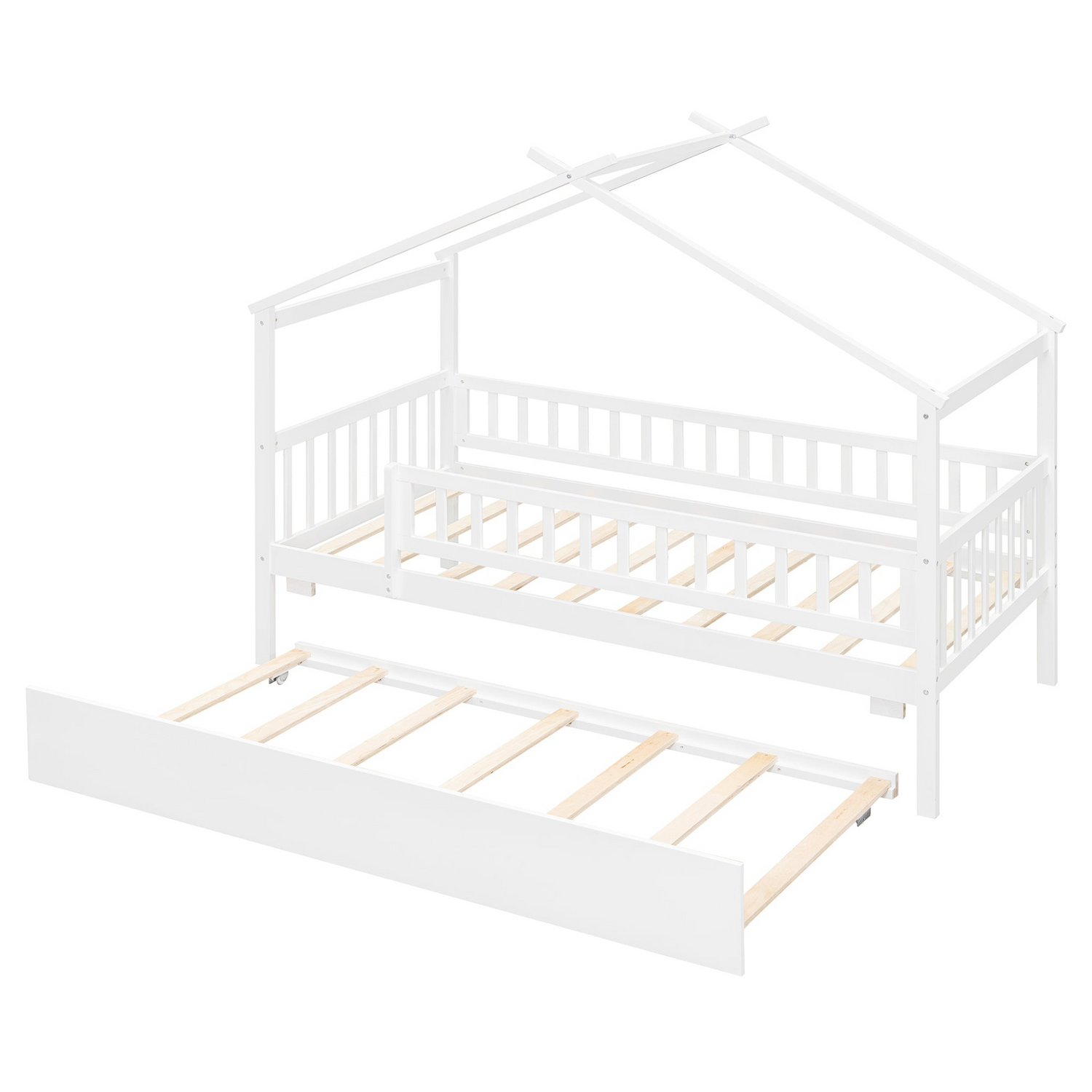 Twin size wooden house bed with trundle, solid wood frame, platform design, ideal for children&