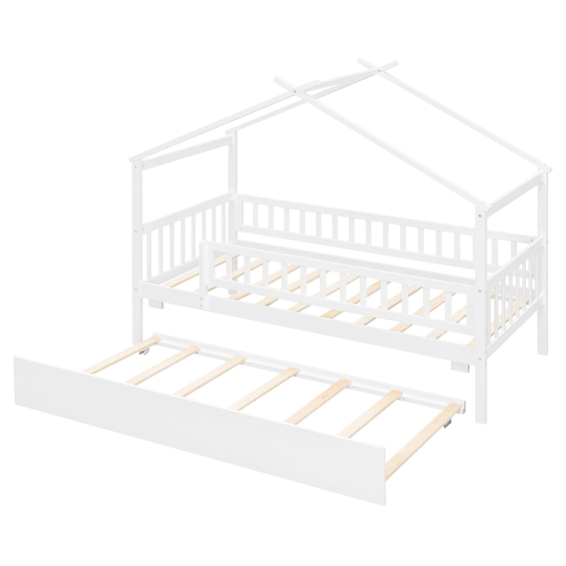 Twin size wooden house bed with trundle, solid wood frame, platform design, ideal for children&